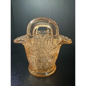 Dugan Marigold Carnival Glass Basket Basketweave & Beads 5.25" Vintage